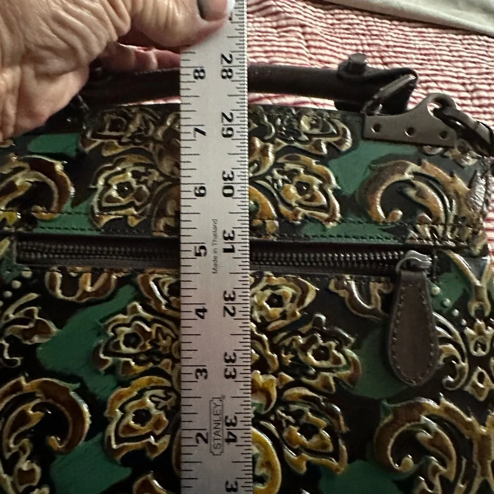 Vintage-Inspired Green and Brown Embossed Satchel